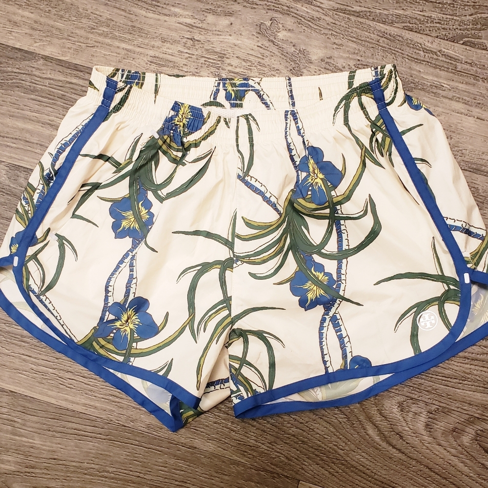 Tory Burch Cream Floral Athletic Shorts with Blue Trim - Picture 9 of 9